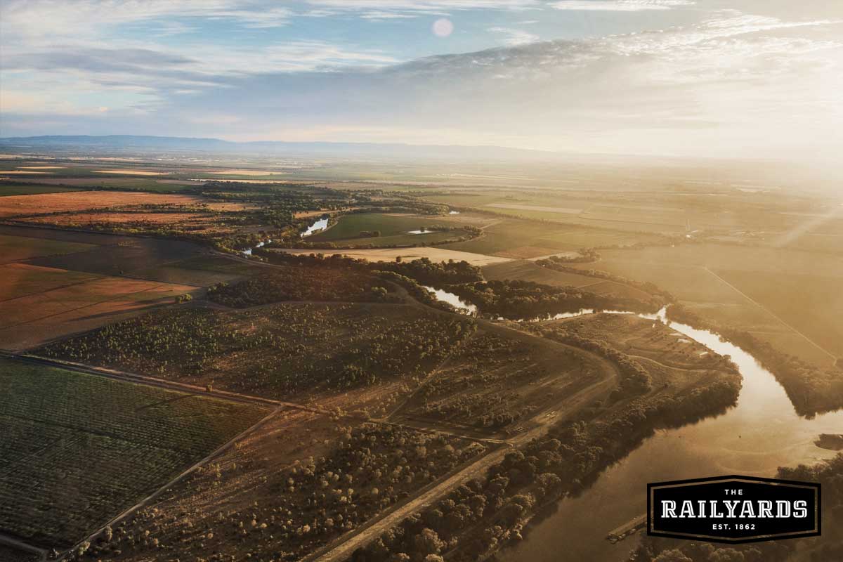 An overhead view of ag fields along the river. Learn how climate change is impacting Sacramento.