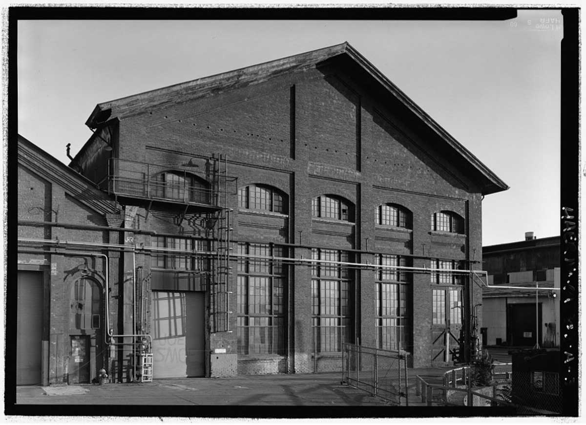 A black and white photograph of The Erecting Shop at The Railyards.