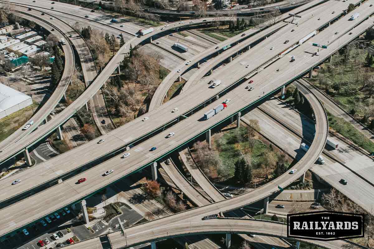 An overview of I-5 near the Railyards. Learn more about the future of transportation in Sac.