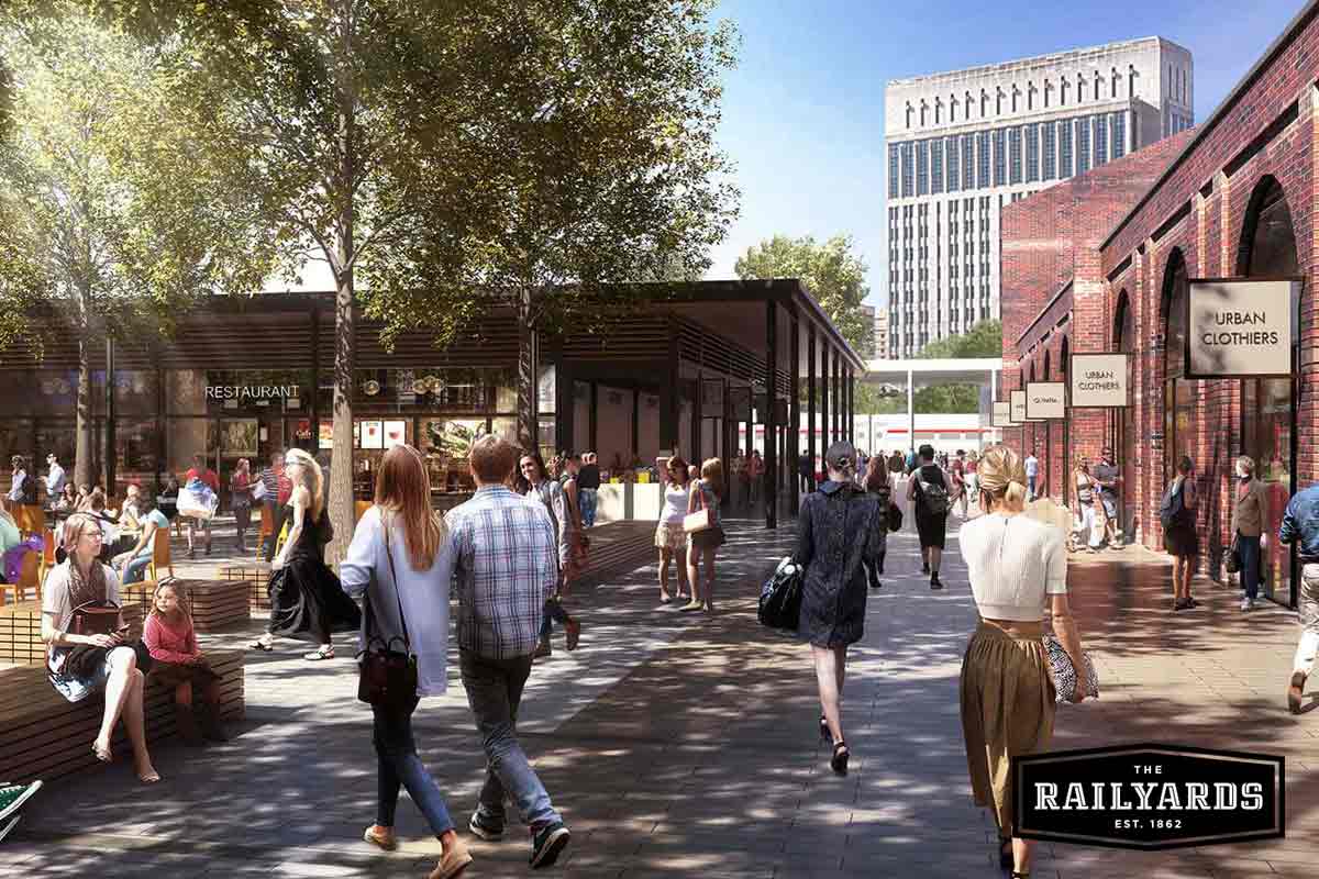 A rendering of the Central Shops district at the Sacramento Railyards. Discover other Sacramento adaptive reuse projects.