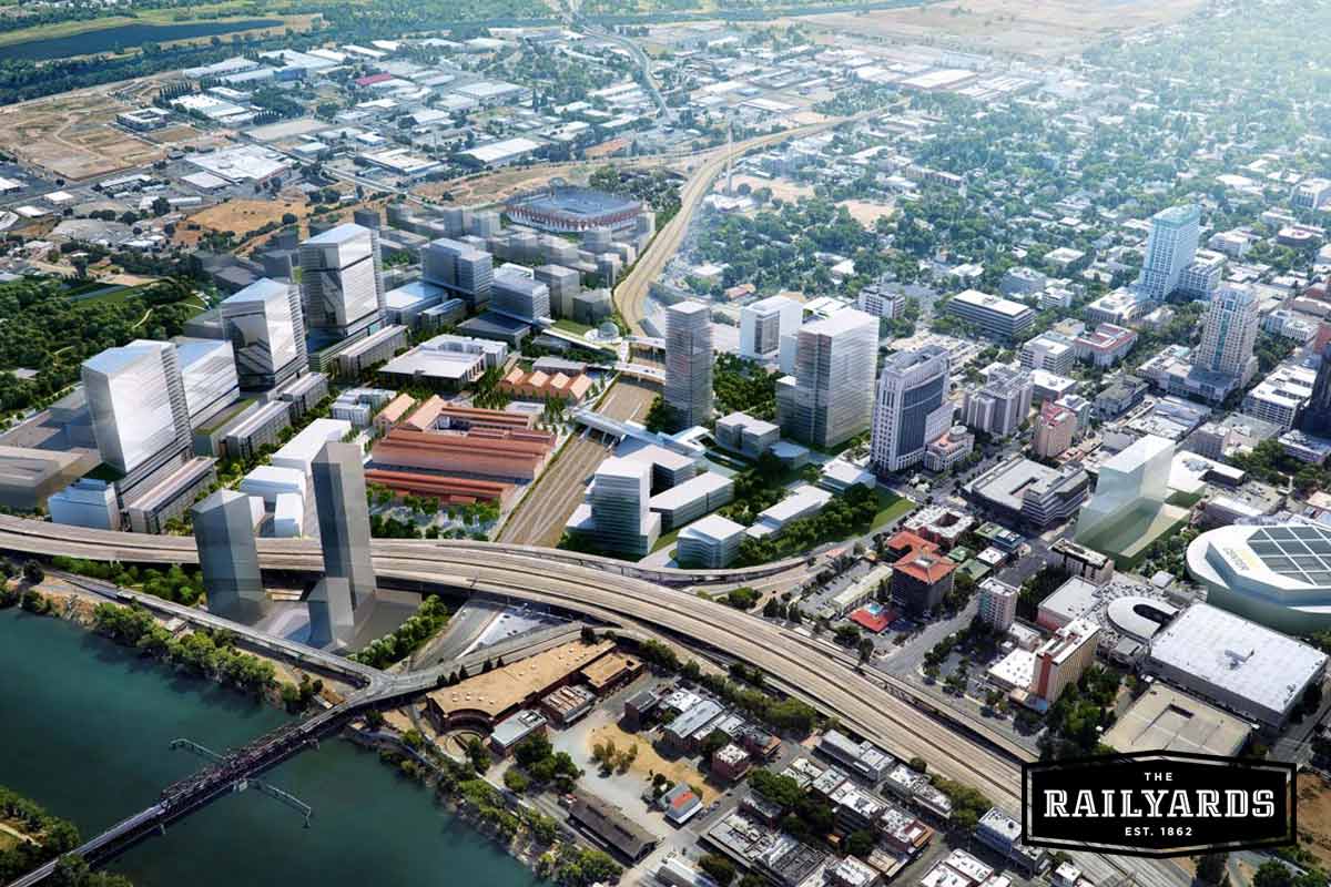 An aerial rendering of The Railyards, including the site of future residential housing.