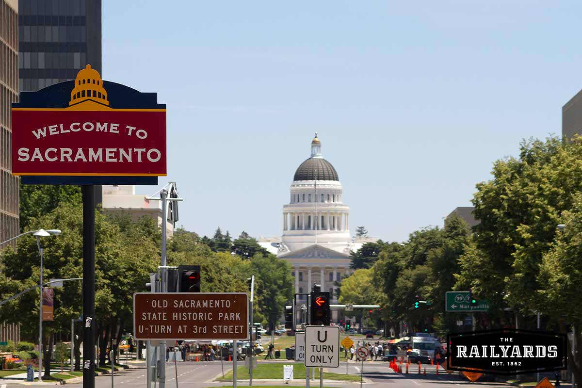 Image of the Capitol Mall and a Welcome to Sacramento Sign.