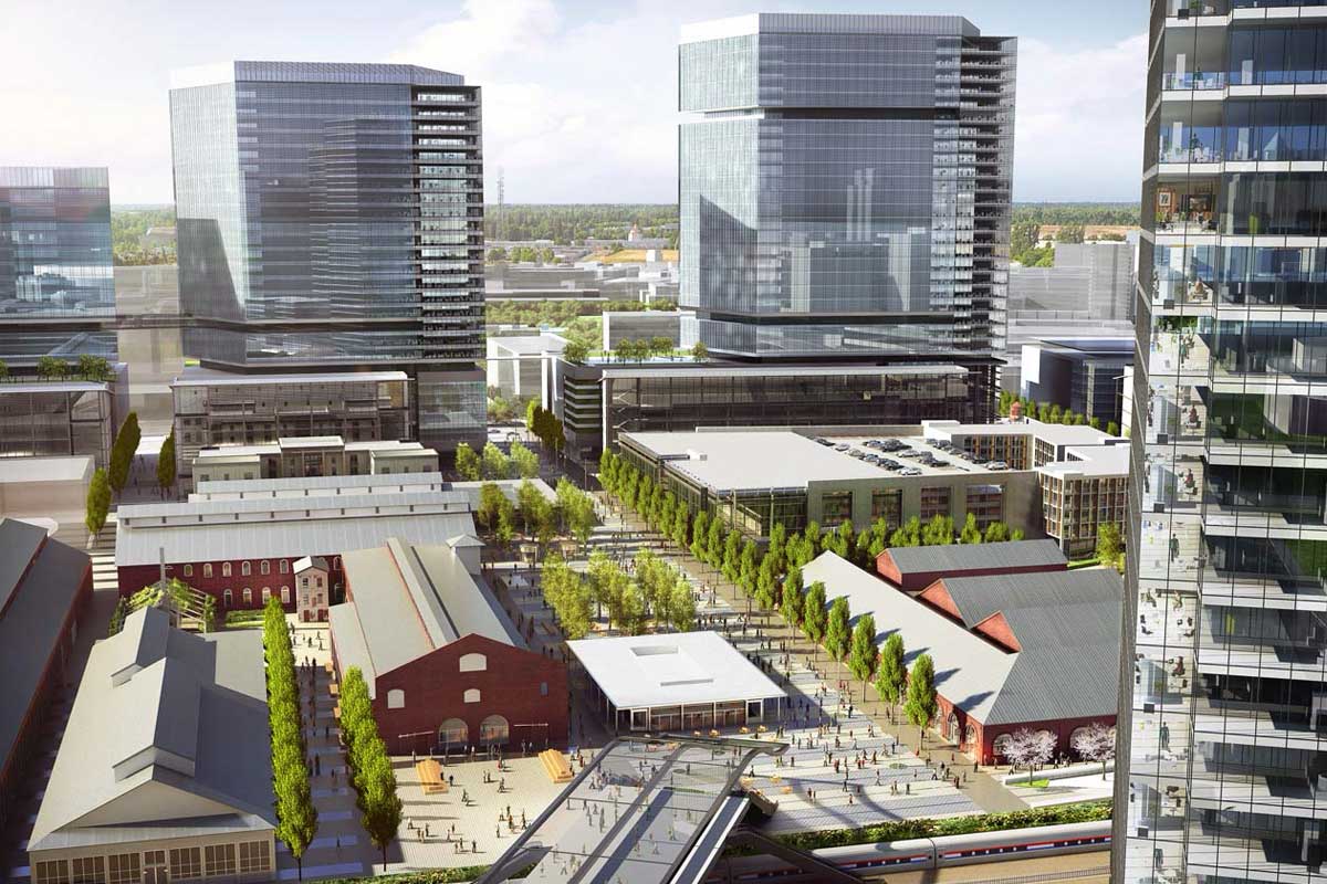 A rendering of the Central Shops Plaza at the Sacramento Railyards