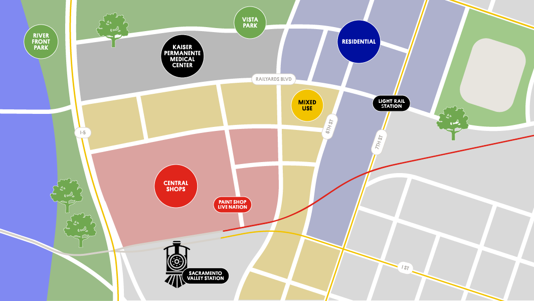 Map of the Railyards with a “Light Rail Station” marker at the 7th & Railyards intersection.