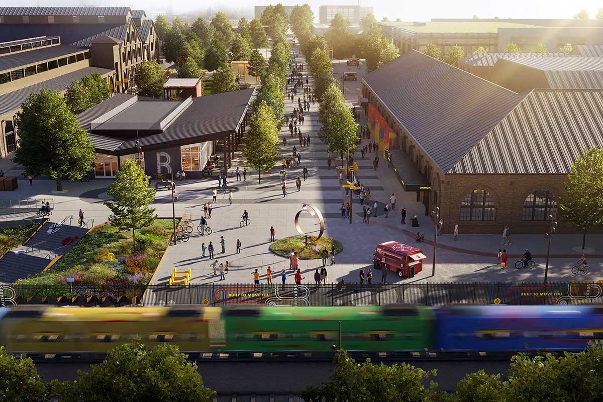 An artist's rendering of The Railyards Central Shops District in Sacramento. 